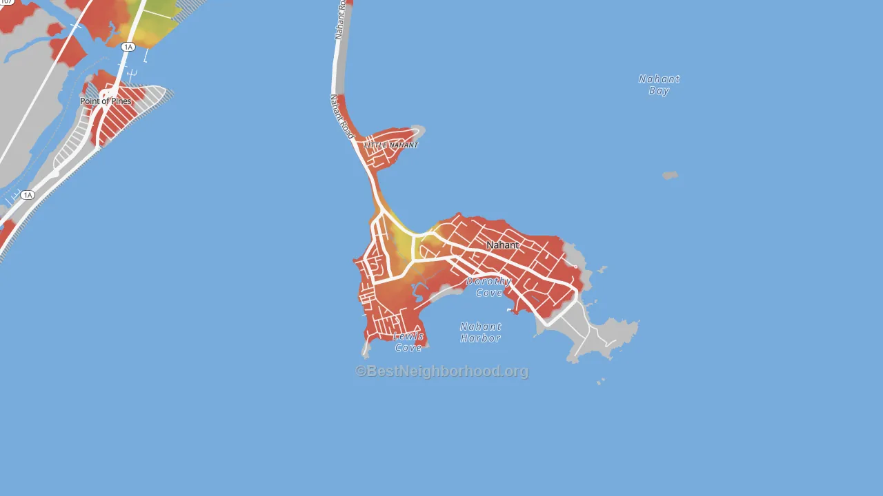 Walk Grade map of 01908, MA, walkable areas in green and car-dependent areas in red