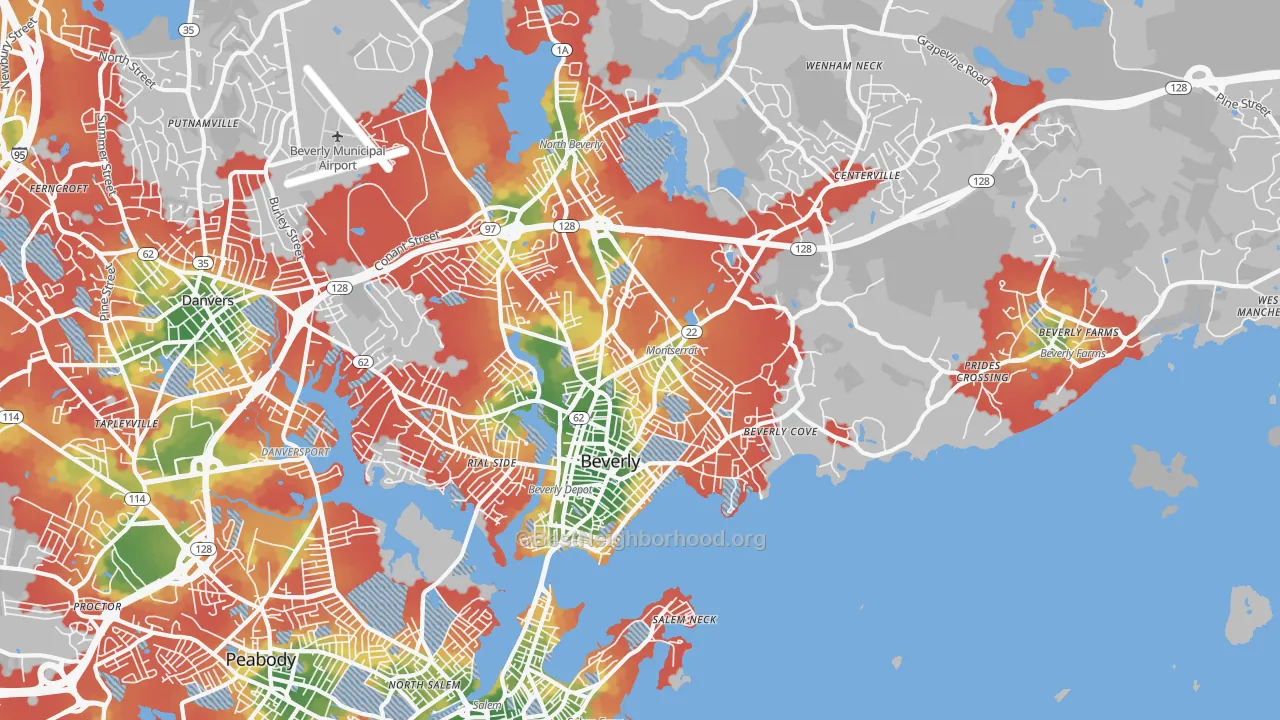 Walk Grade map of 01915, MA, walkable areas in green and car-dependent areas in red