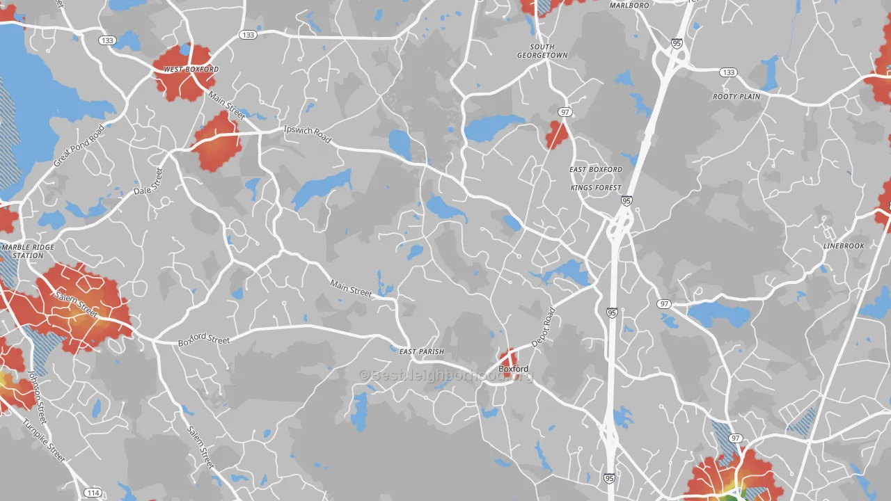 Walk Grade map of 01921, MA, walkable areas in green and car-dependent areas in red