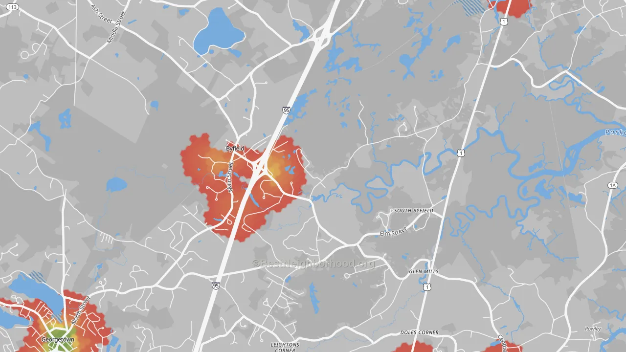 Walk Grade map of 01922, MA, walkable areas in green and car-dependent areas in red