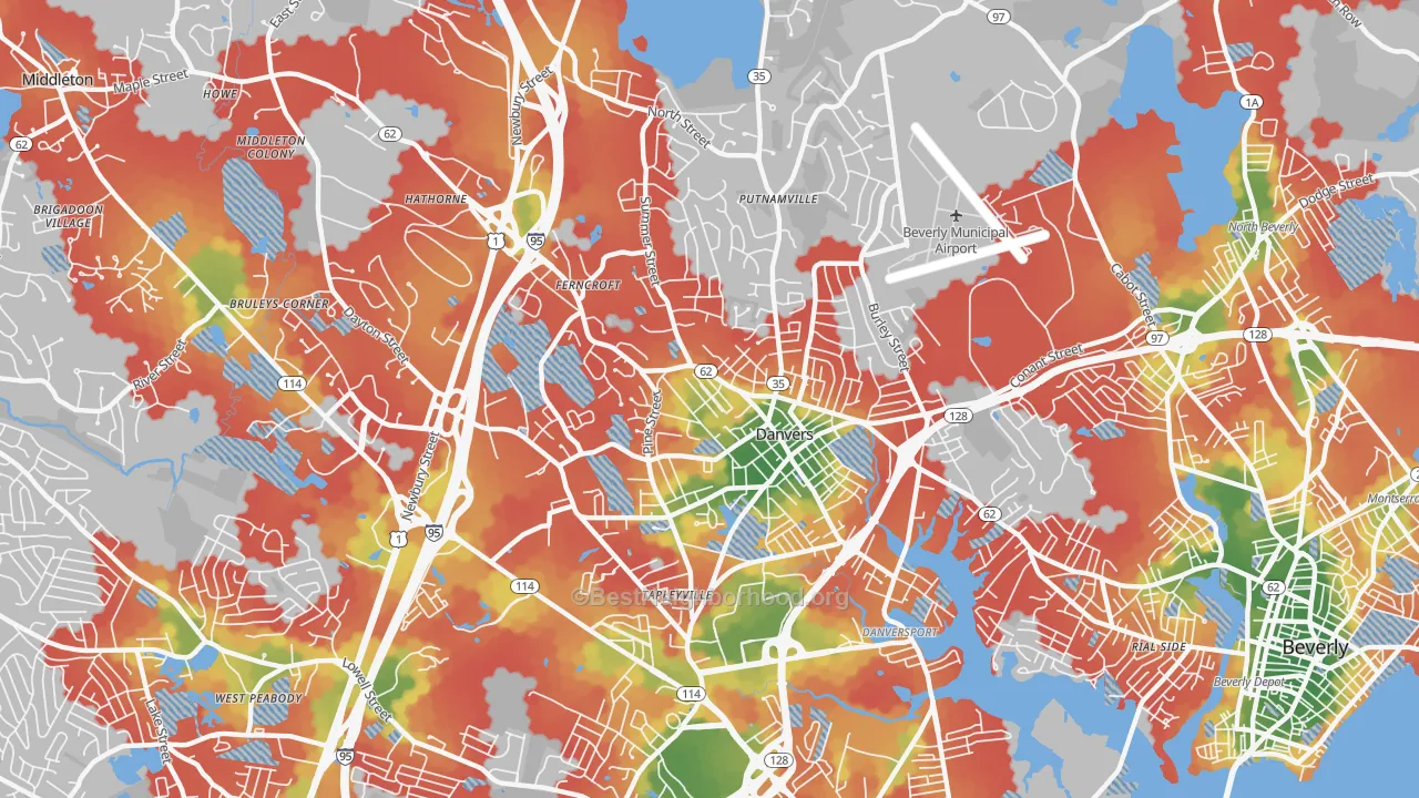 Walk Grade map of 01923, MA, walkable areas in green and car-dependent areas in red