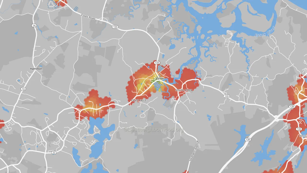 Walk Grade map of 01929, MA, walkable areas in green and car-dependent areas in red
