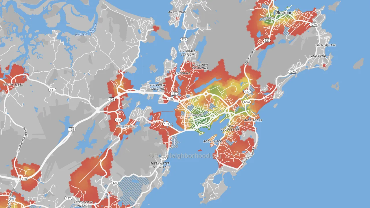 Walk Grade map of 01930, MA, walkable areas in green and car-dependent areas in red