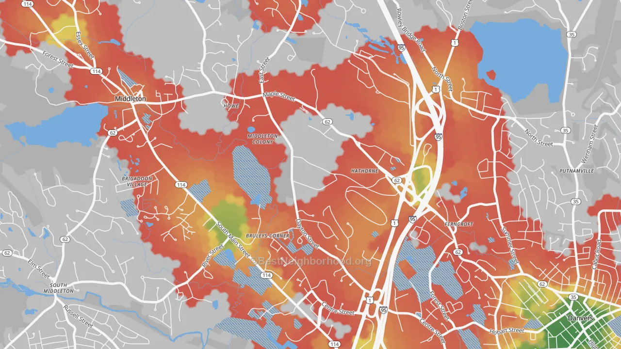 Walk Grade map of 01937, MA, walkable areas in green and car-dependent areas in red