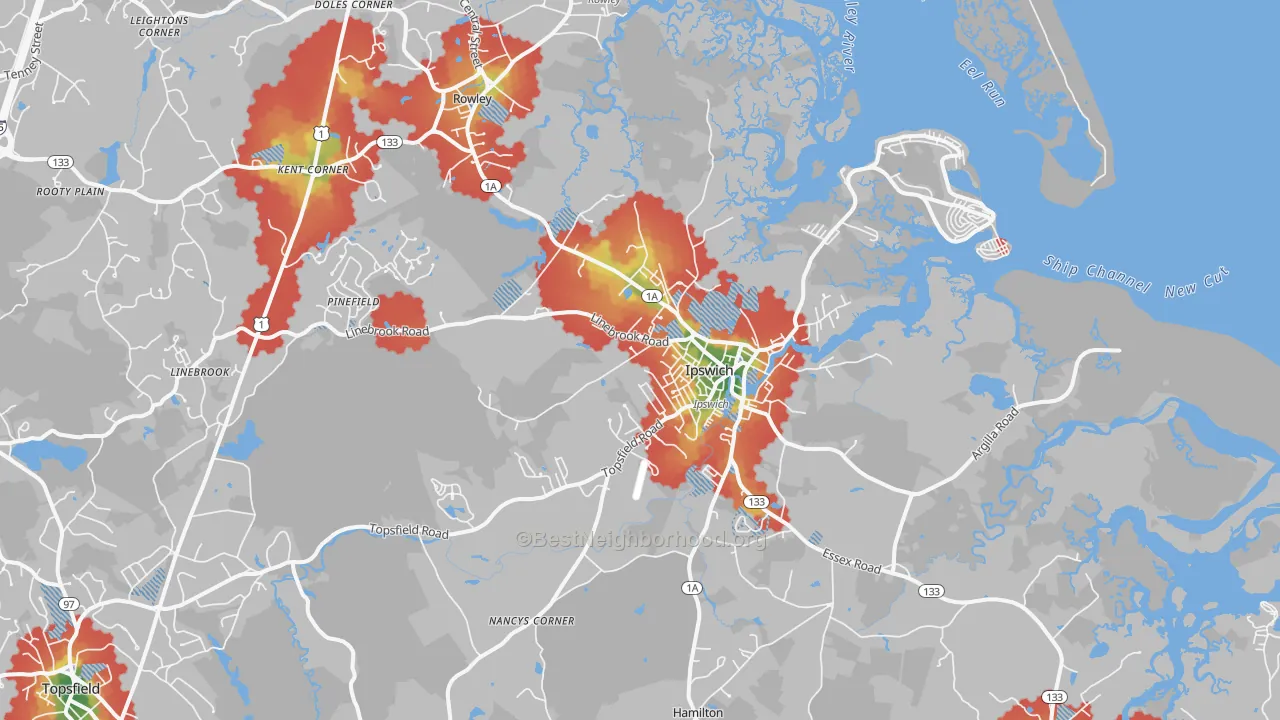 Walk Grade map of 01938, MA, walkable areas in green and car-dependent areas in red