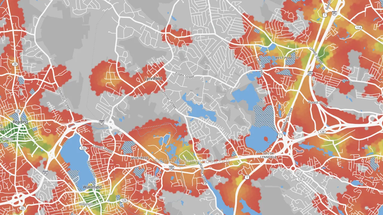 Walk Grade map of 01940, MA, walkable areas in green and car-dependent areas in red