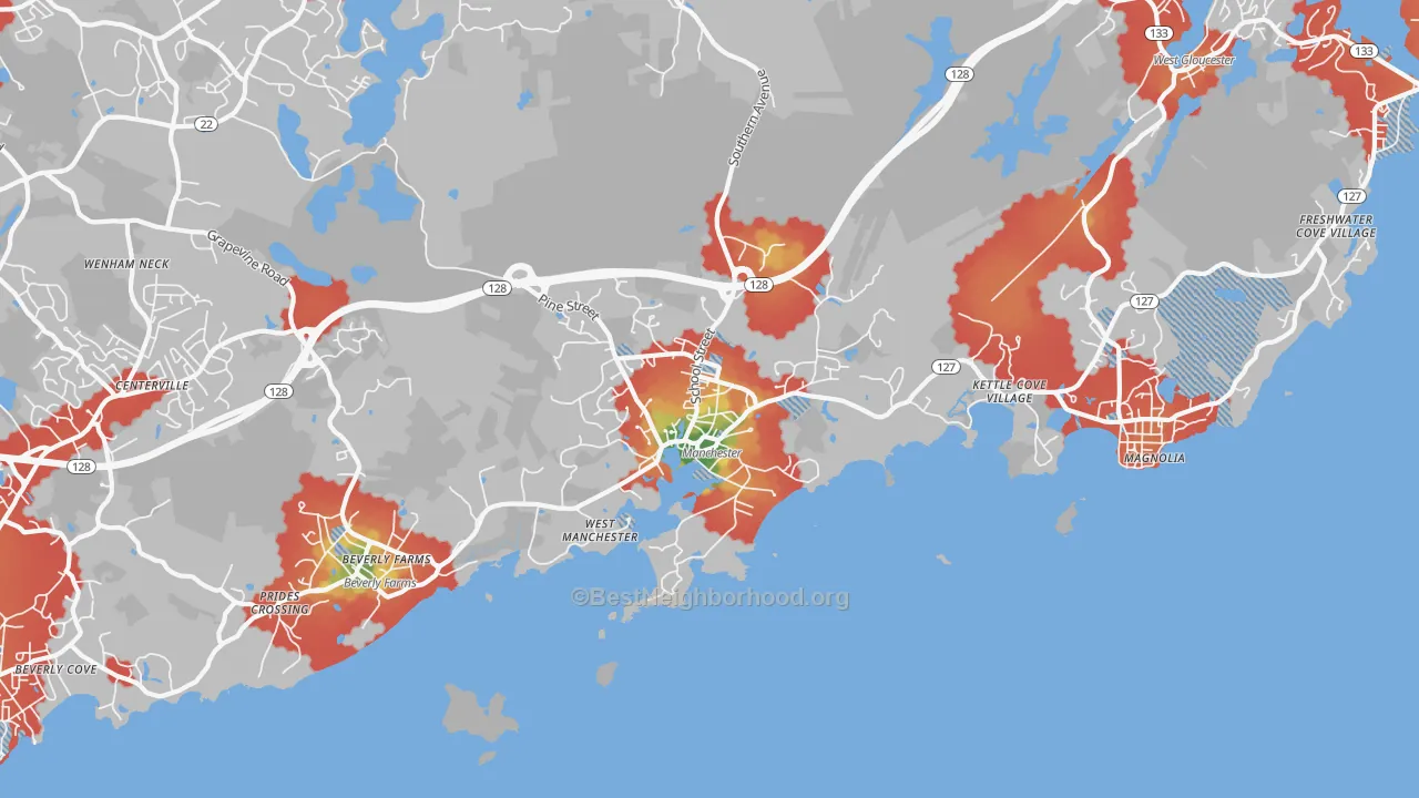 Walk Grade map of 01944, MA, walkable areas in green and car-dependent areas in red