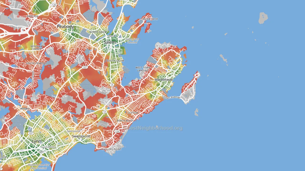 Walk Grade map of 01945, MA, walkable areas in green and car-dependent areas in red