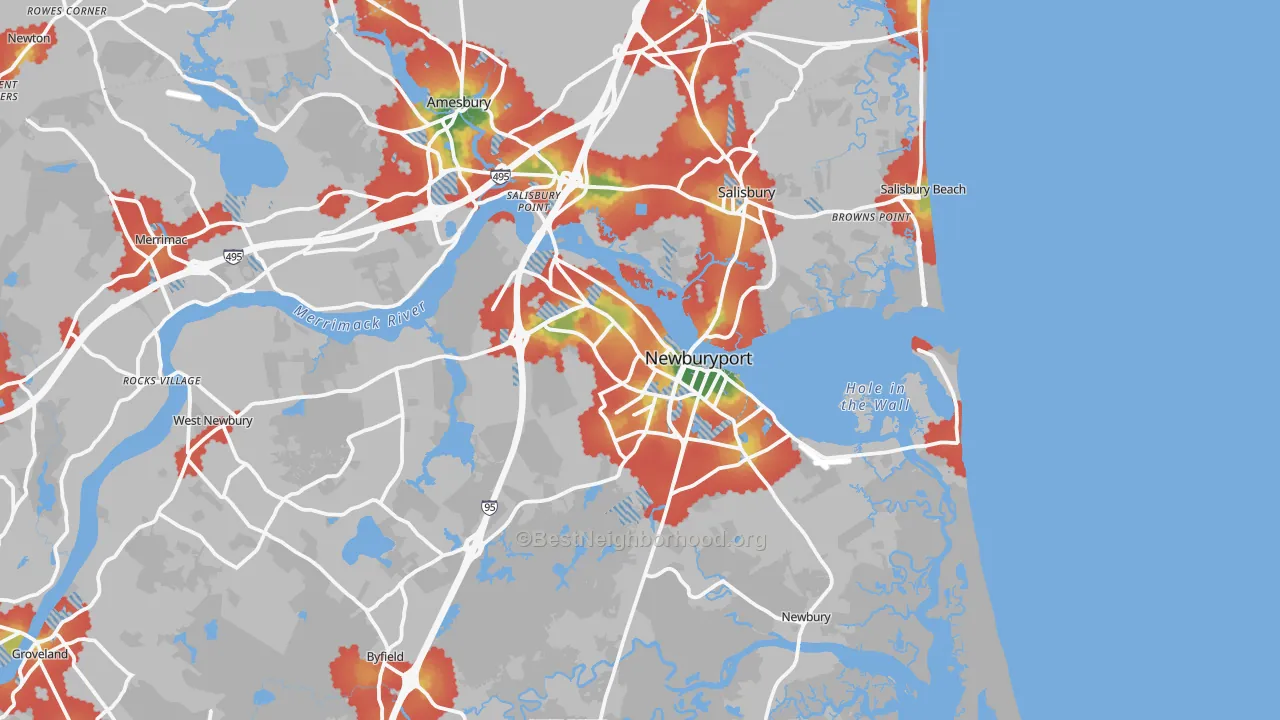 Walk Grade map of 01950, MA, walkable areas in green and car-dependent areas in red