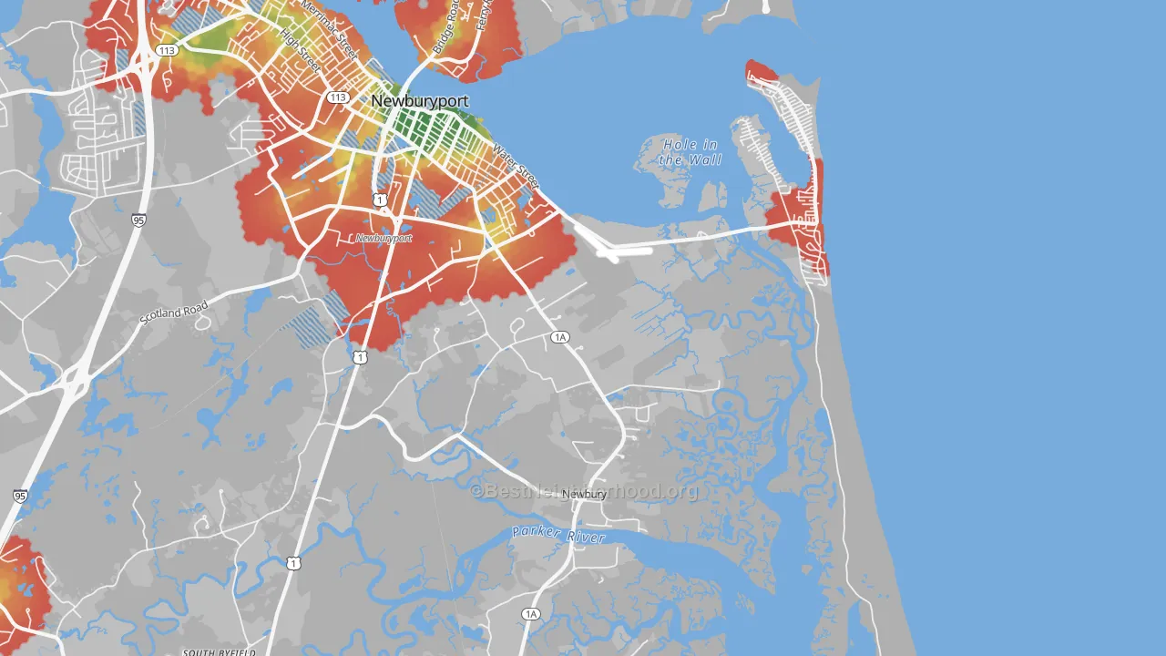 Walk Grade map of 01951, MA, walkable areas in green and car-dependent areas in red