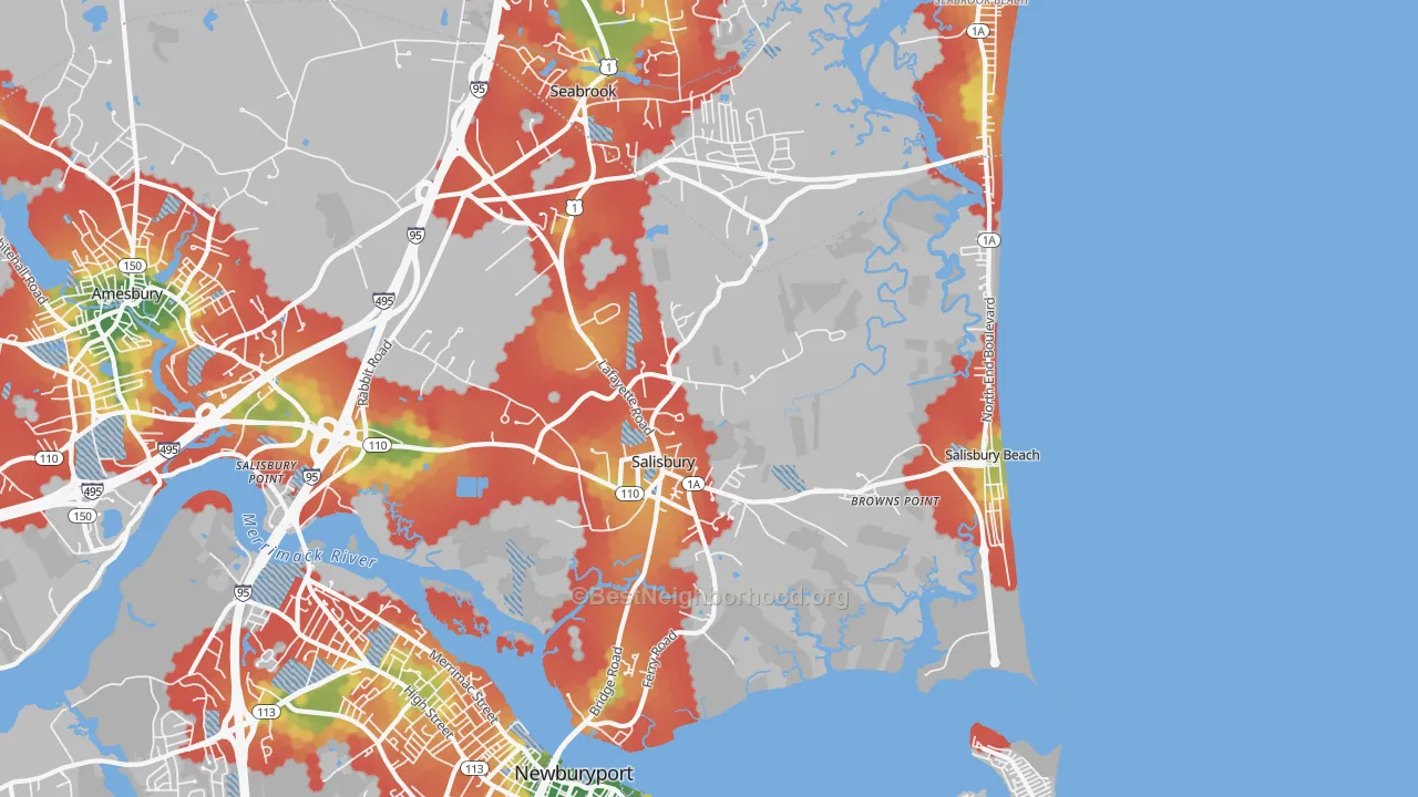 Walk Grade map of 01952, MA, walkable areas in green and car-dependent areas in red
