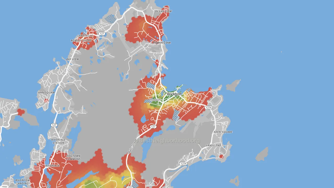 Walk Grade map of 01966, MA, walkable areas in green and car-dependent areas in red