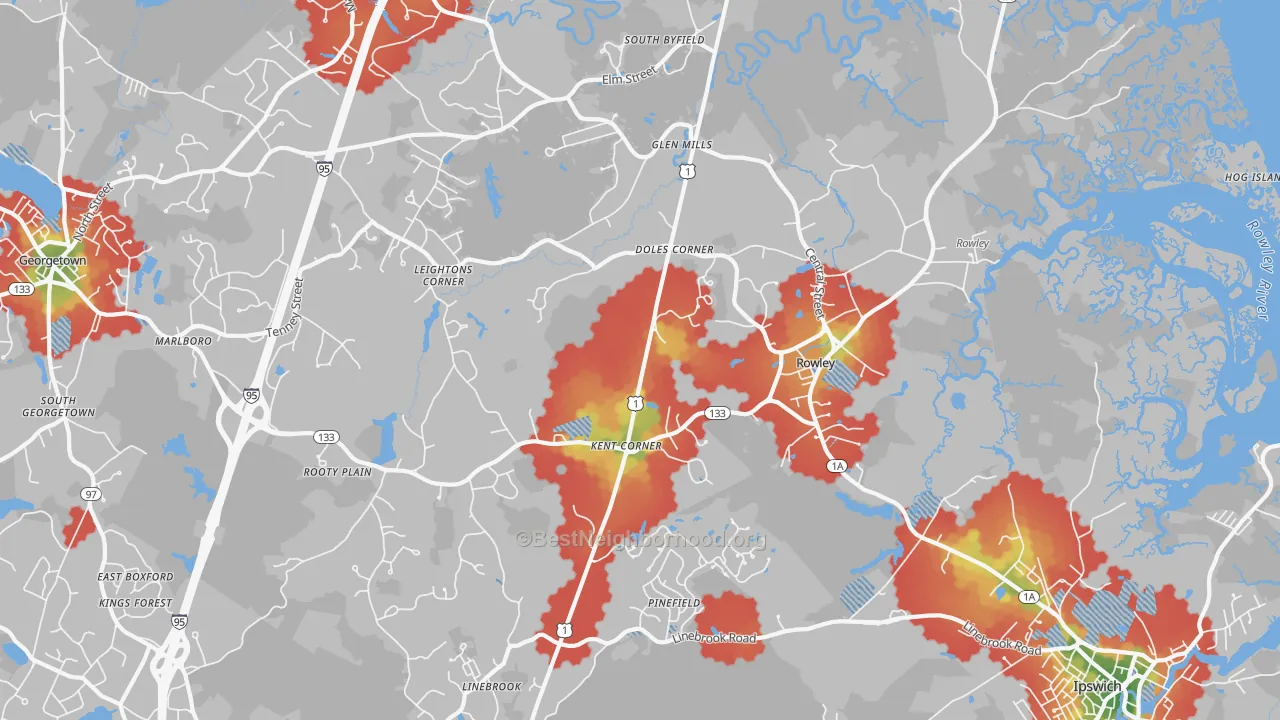 Walk Grade map of 01969, MA, walkable areas in green and car-dependent areas in red