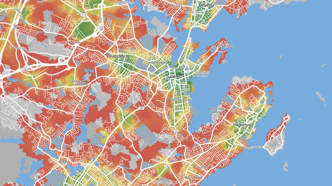 Walk Grade map of 01970, MA, walkable areas in green and car-dependent areas in red