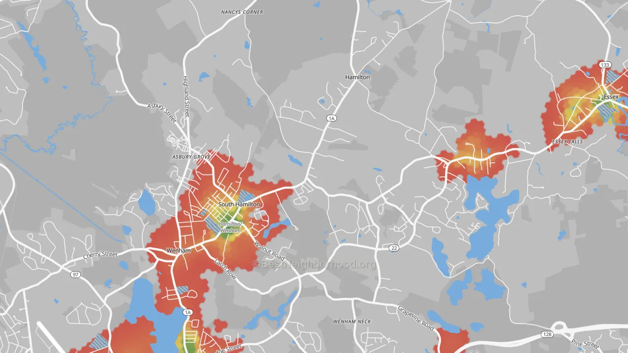 Walk Grade map of 01982, MA, walkable areas in green and car-dependent areas in red