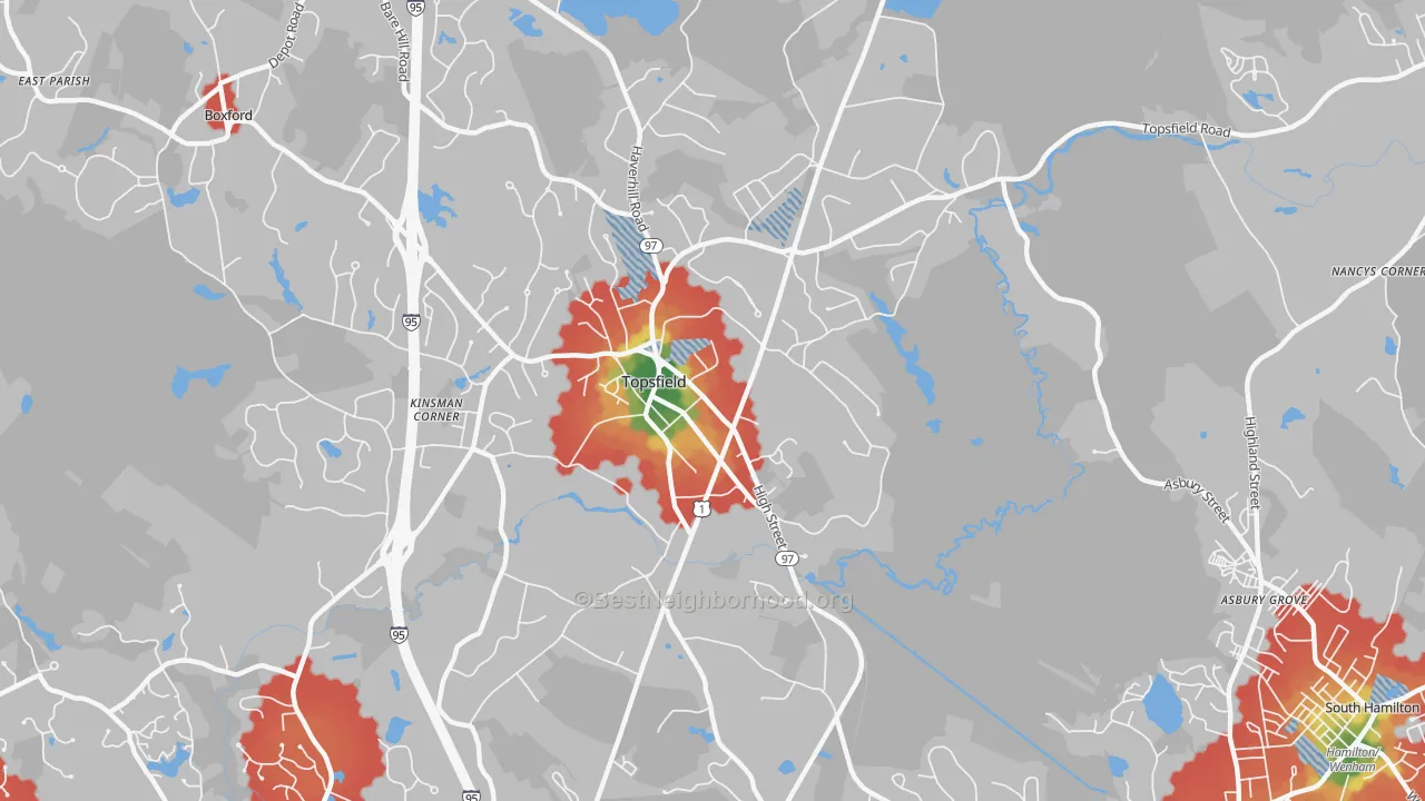 Walk Grade map of 01983, MA, walkable areas in green and car-dependent areas in red