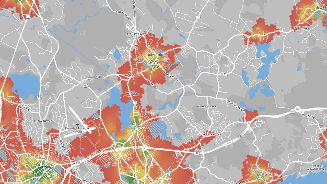Walk Grade map of 01984, MA, walkable areas in green and car-dependent areas in red