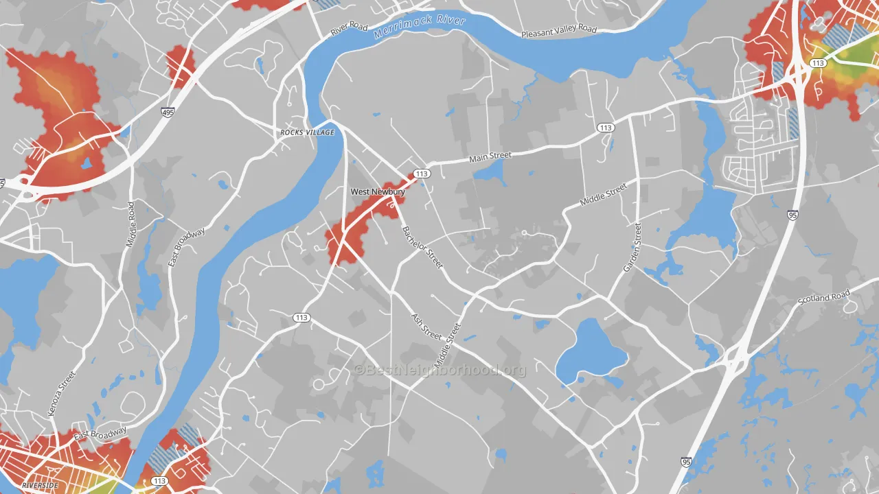 Walk Grade map of 01985, MA, walkable areas in green and car-dependent areas in red