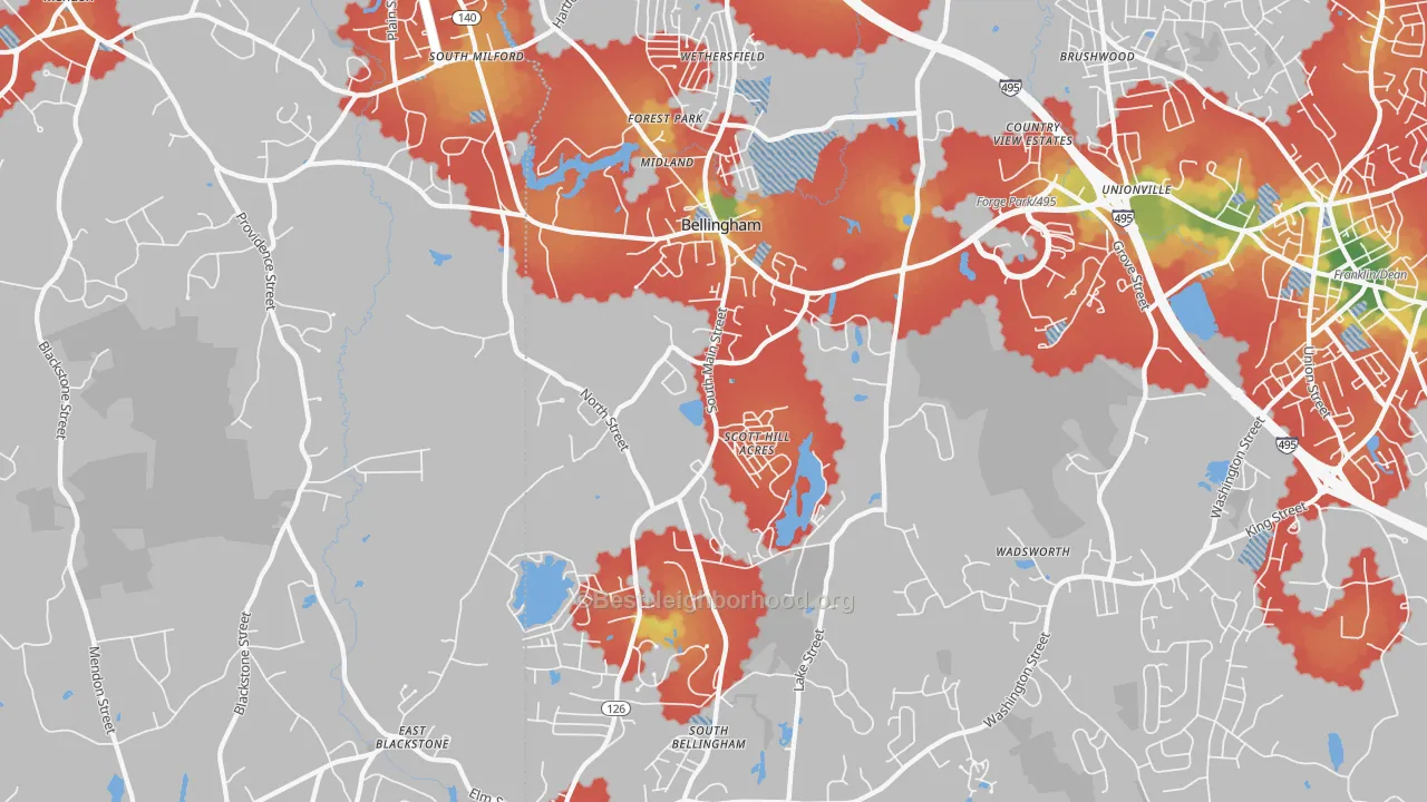 Walk Grade map of 02019, MA, walkable areas in green and car-dependent areas in red