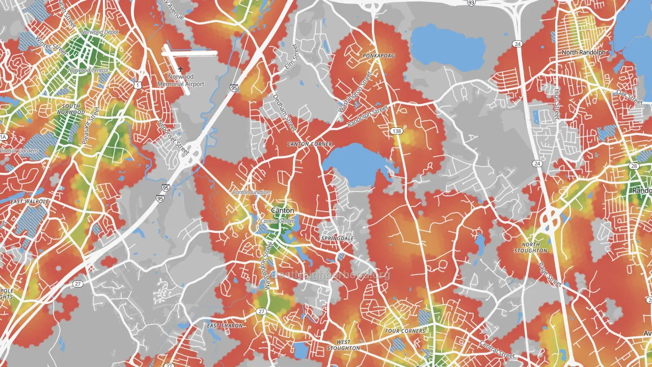 Walk Grade map of 02021, MA, walkable areas in green and car-dependent areas in red