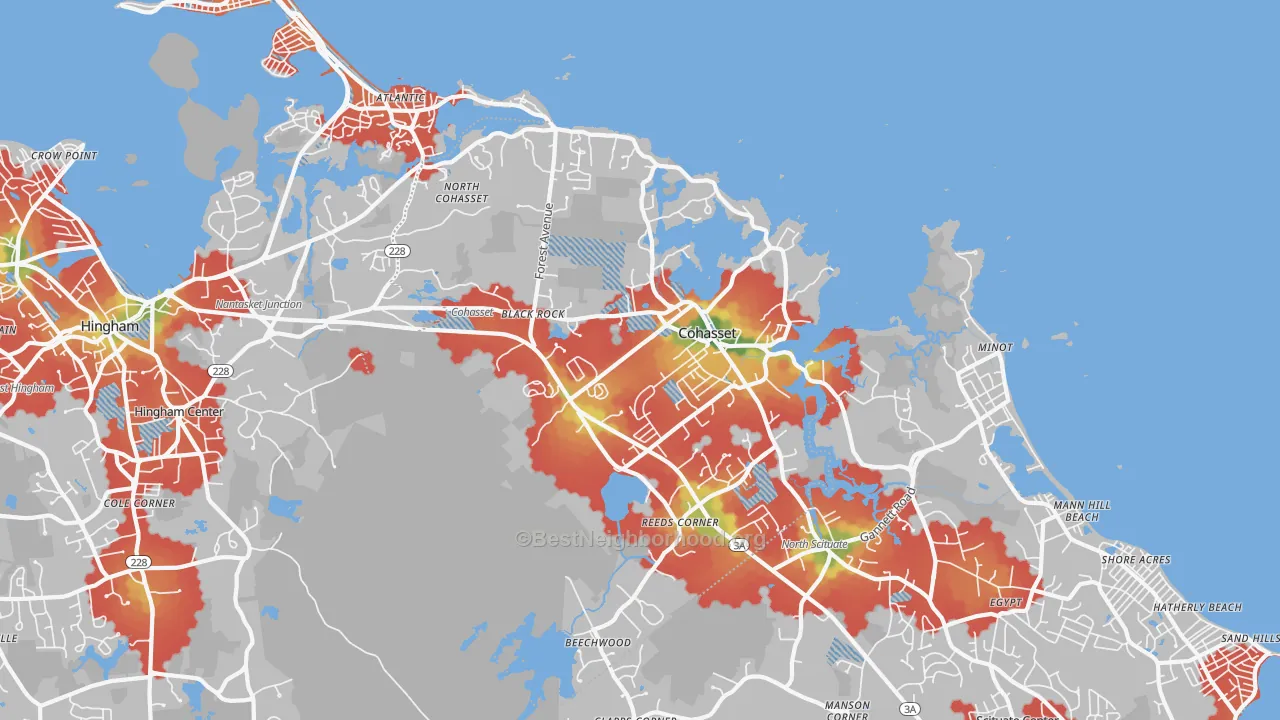 Walk Grade map of 02025, MA, walkable areas in green and car-dependent areas in red