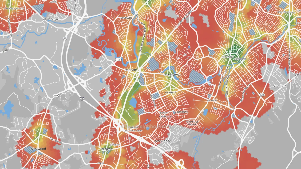 Walk Grade map of 02026, MA, walkable areas in green and car-dependent areas in red