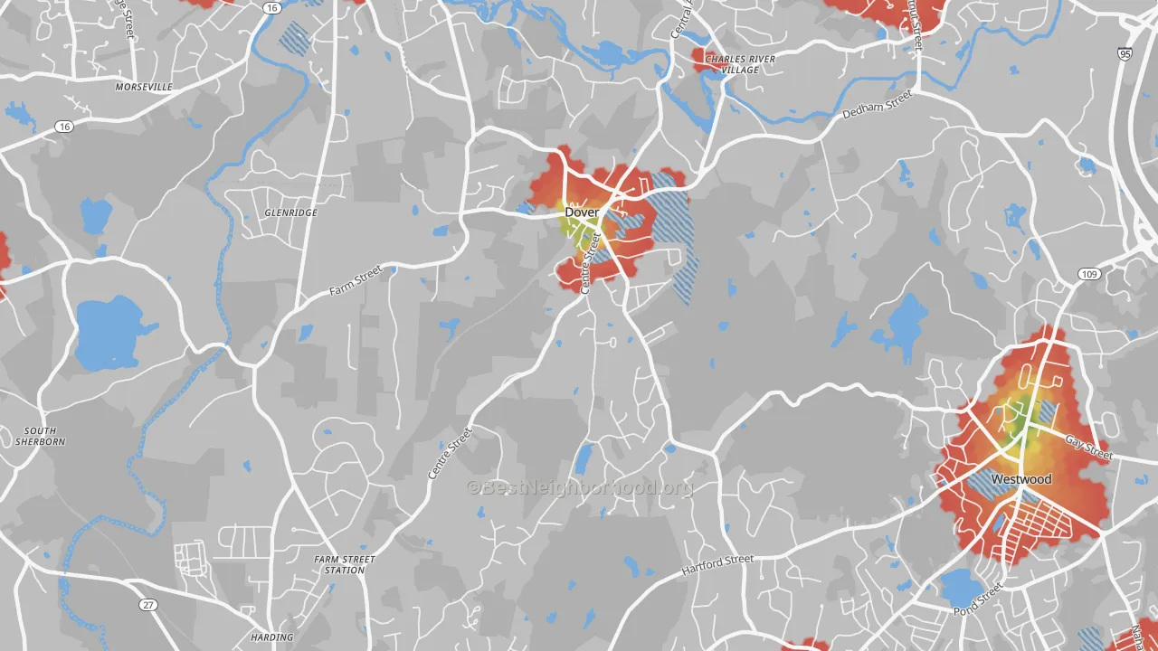 Walk Grade map of 02030, MA, walkable areas in green and car-dependent areas in red