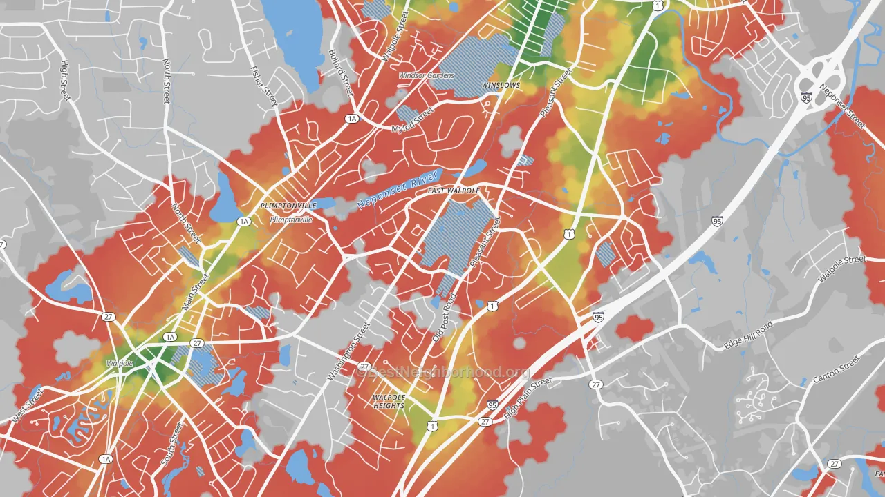 Walk Grade map of 02032, MA, walkable areas in green and car-dependent areas in red