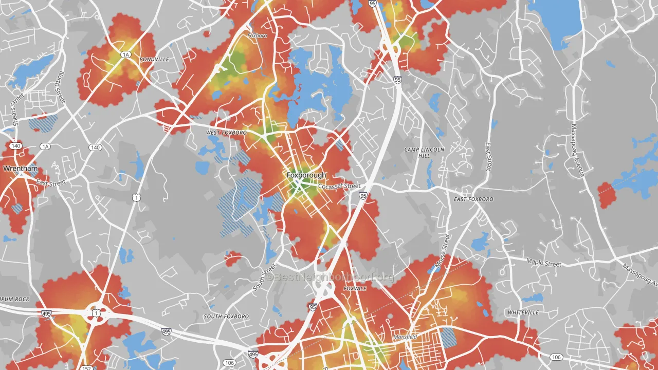 Walk Grade map of 02035, MA, walkable areas in green and car-dependent areas in red