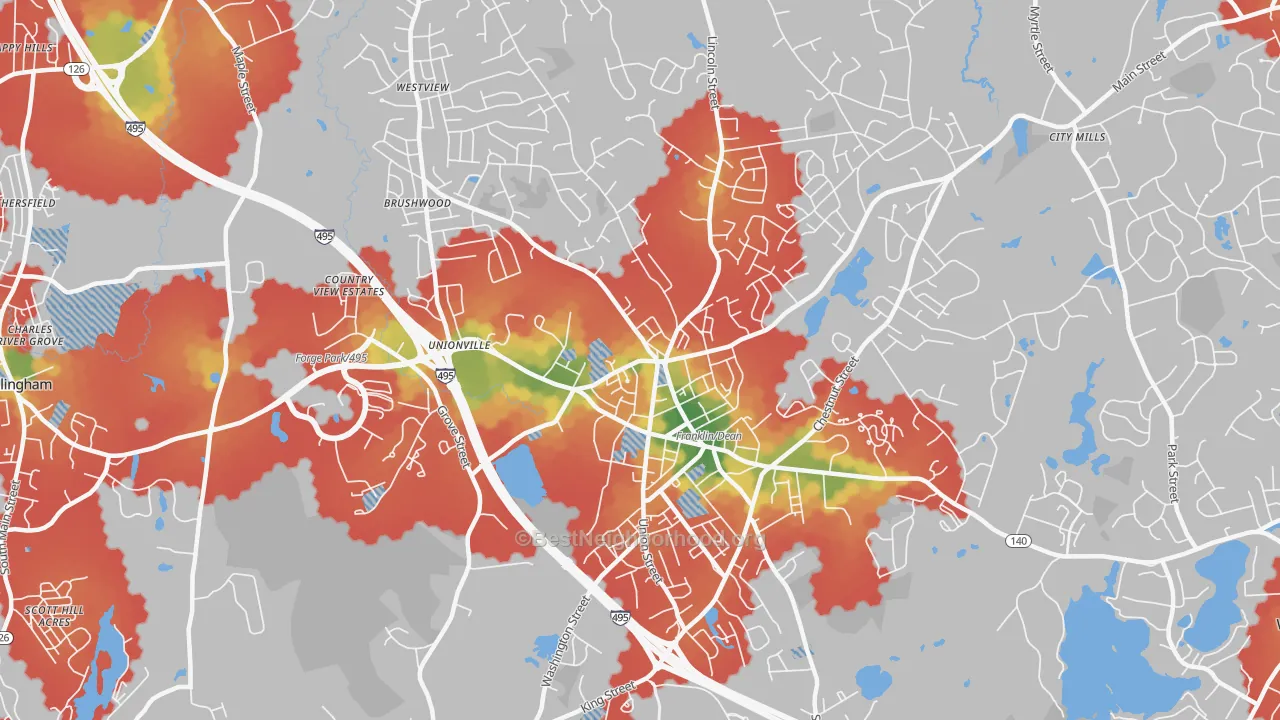 Walk Grade map of 02038, MA, walkable areas in green and car-dependent areas in red
