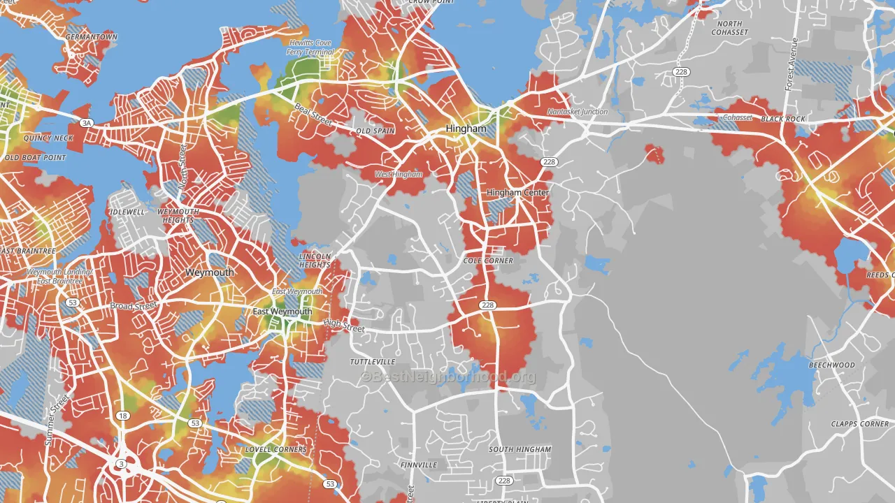 Walk Grade map of 02043, MA, walkable areas in green and car-dependent areas in red