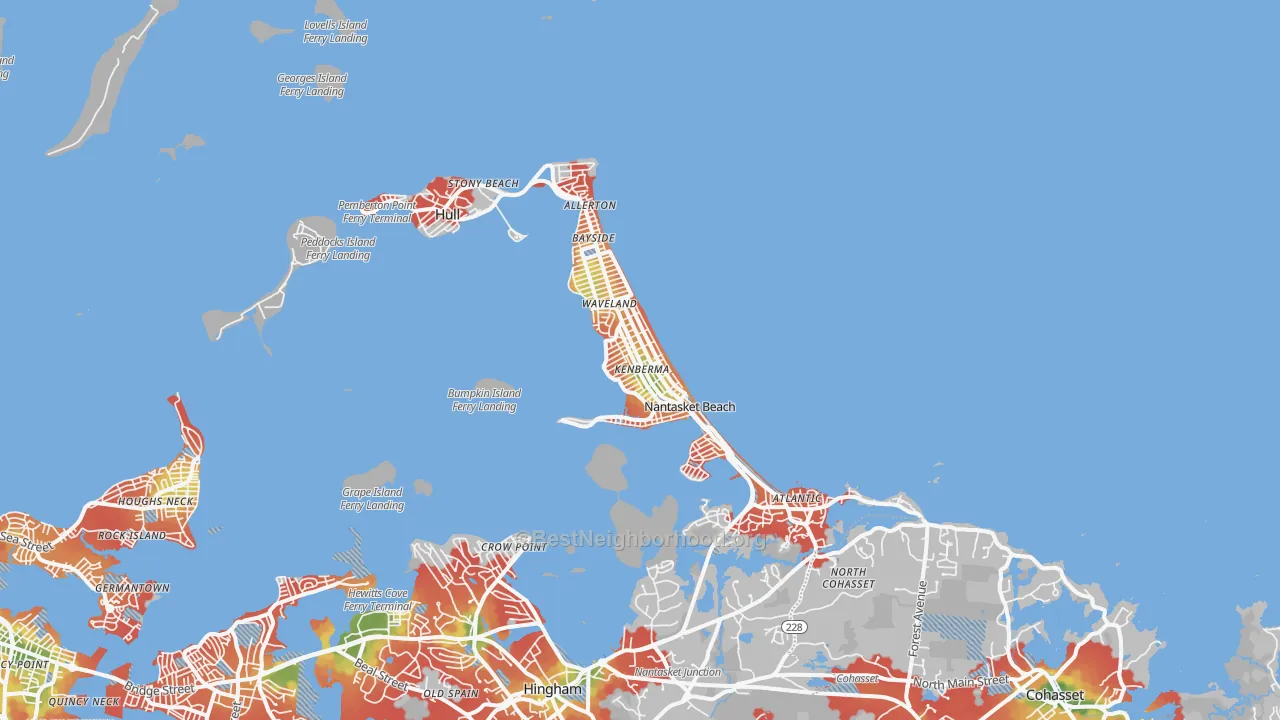 Walk Grade map of 02045, MA, walkable areas in green and car-dependent areas in red