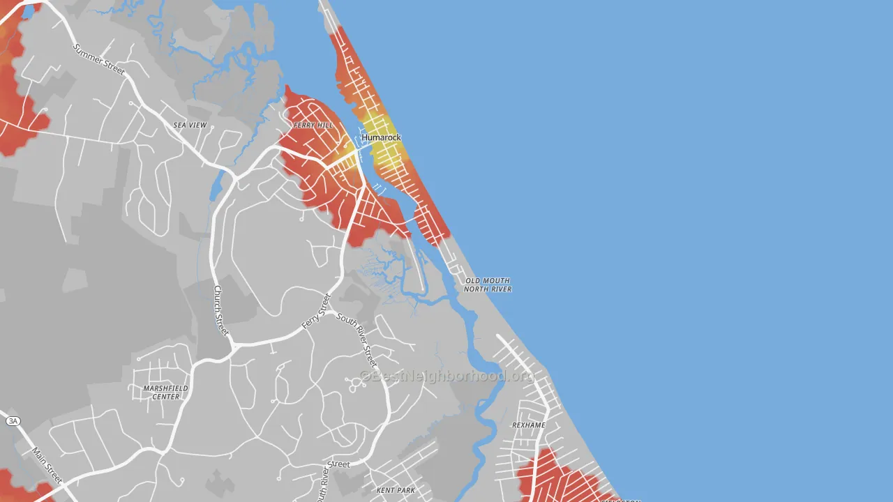 Walk Grade map of 02047, MA, walkable areas in green and car-dependent areas in red