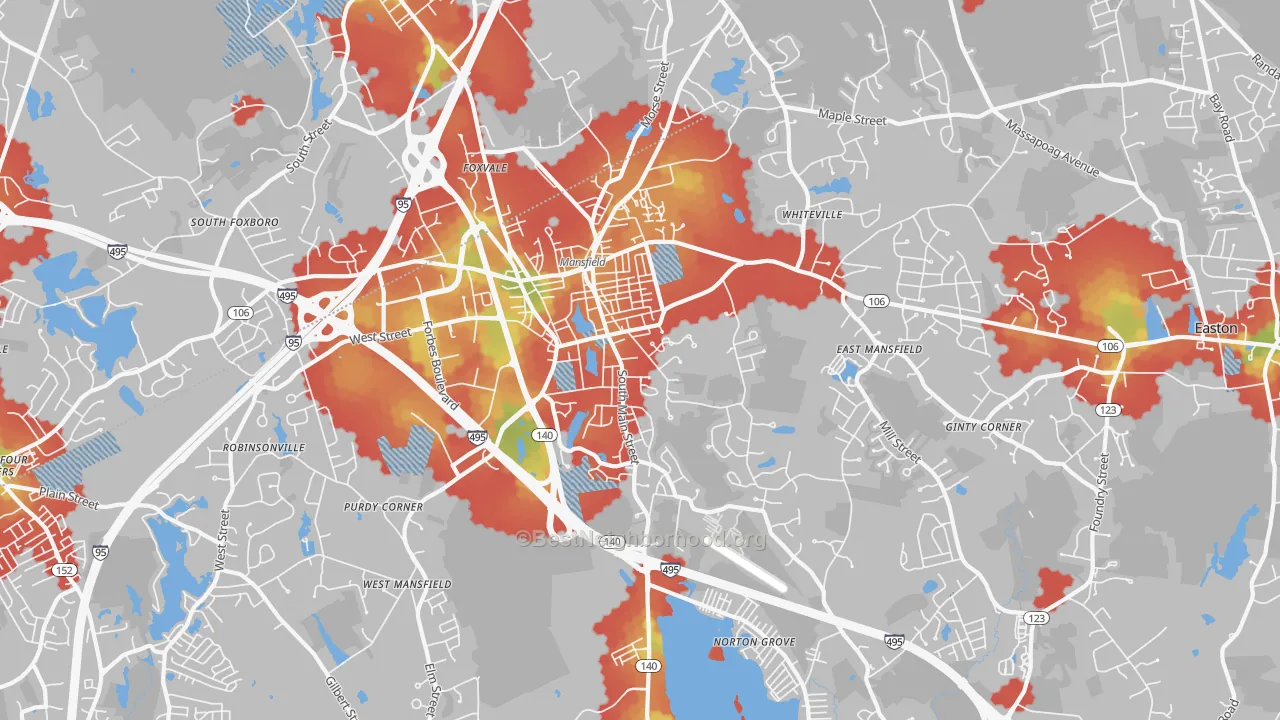 Walk Grade map of 02048, MA, walkable areas in green and car-dependent areas in red