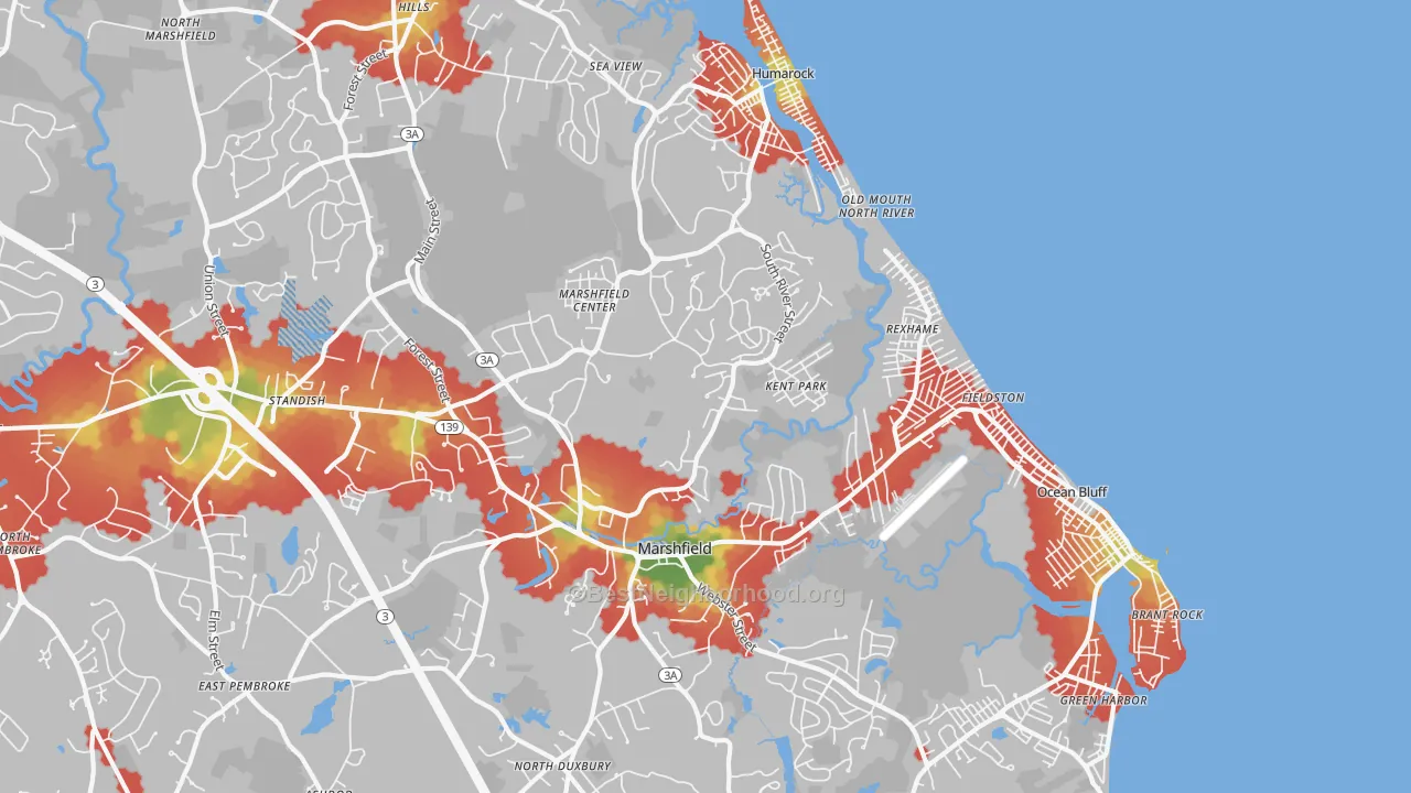 Walk Grade map of 02050, MA, walkable areas in green and car-dependent areas in red