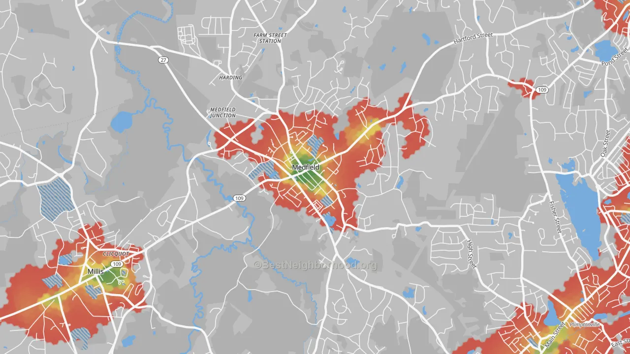 Walk Grade map of 02052, MA, walkable areas in green and car-dependent areas in red