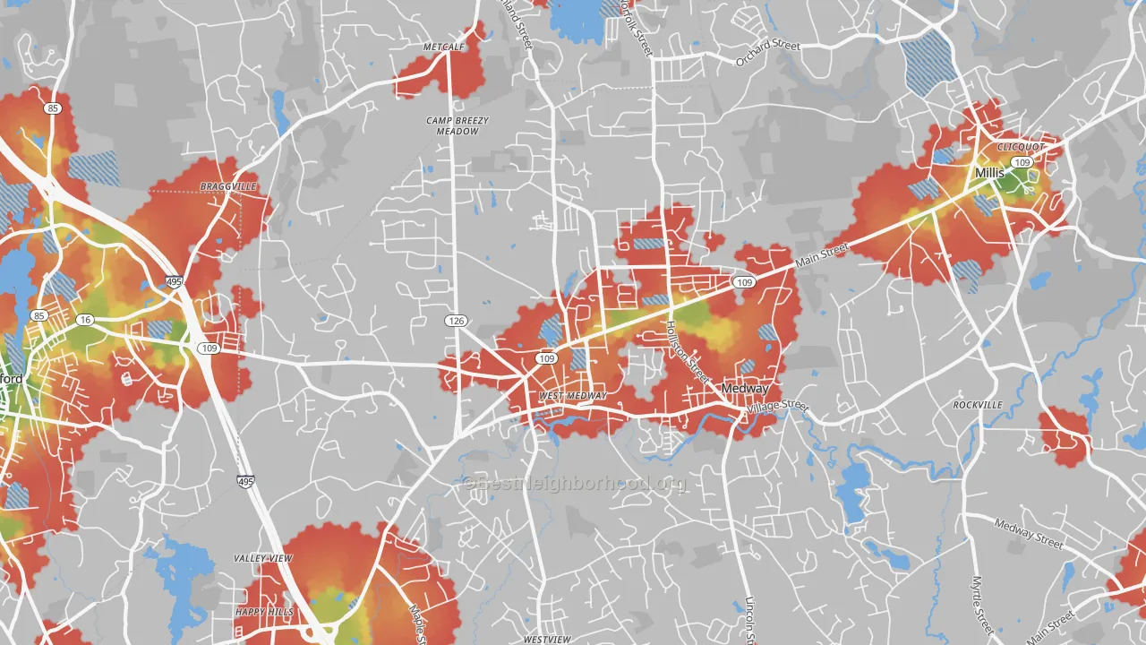 Walk Grade map of 02053, MA, walkable areas in green and car-dependent areas in red
