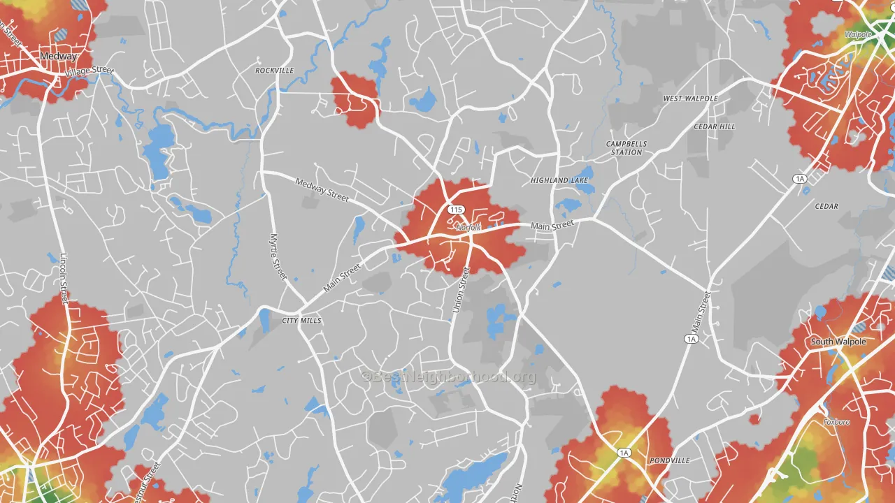 Walk Grade map of 02056, MA, walkable areas in green and car-dependent areas in red