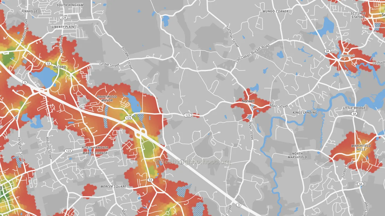 Walk Grade map of 02061, MA, walkable areas in green and car-dependent areas in red