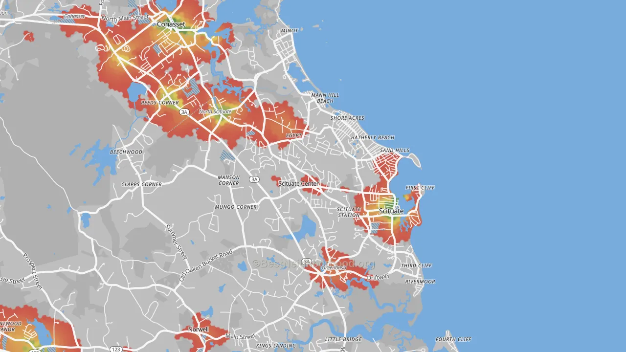 Walk Grade map of 02066, MA, walkable areas in green and car-dependent areas in red