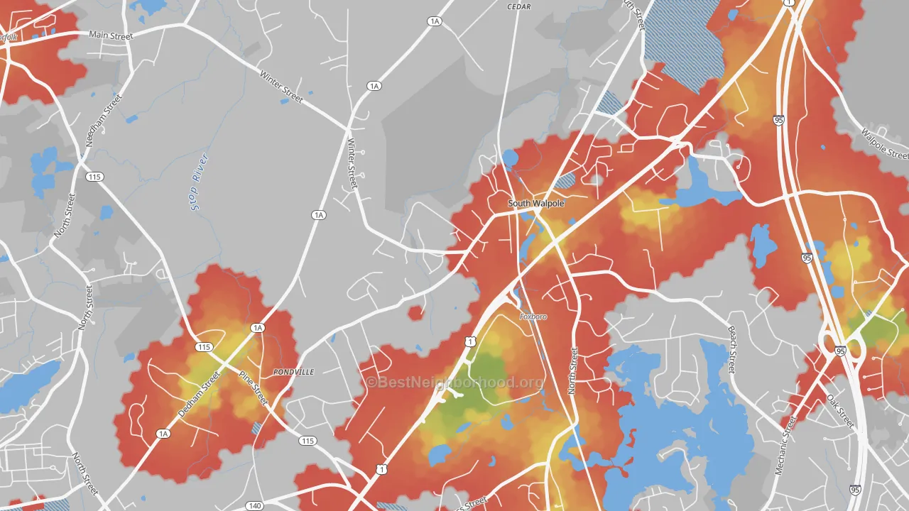 Walk Grade map of 02071, MA, walkable areas in green and car-dependent areas in red