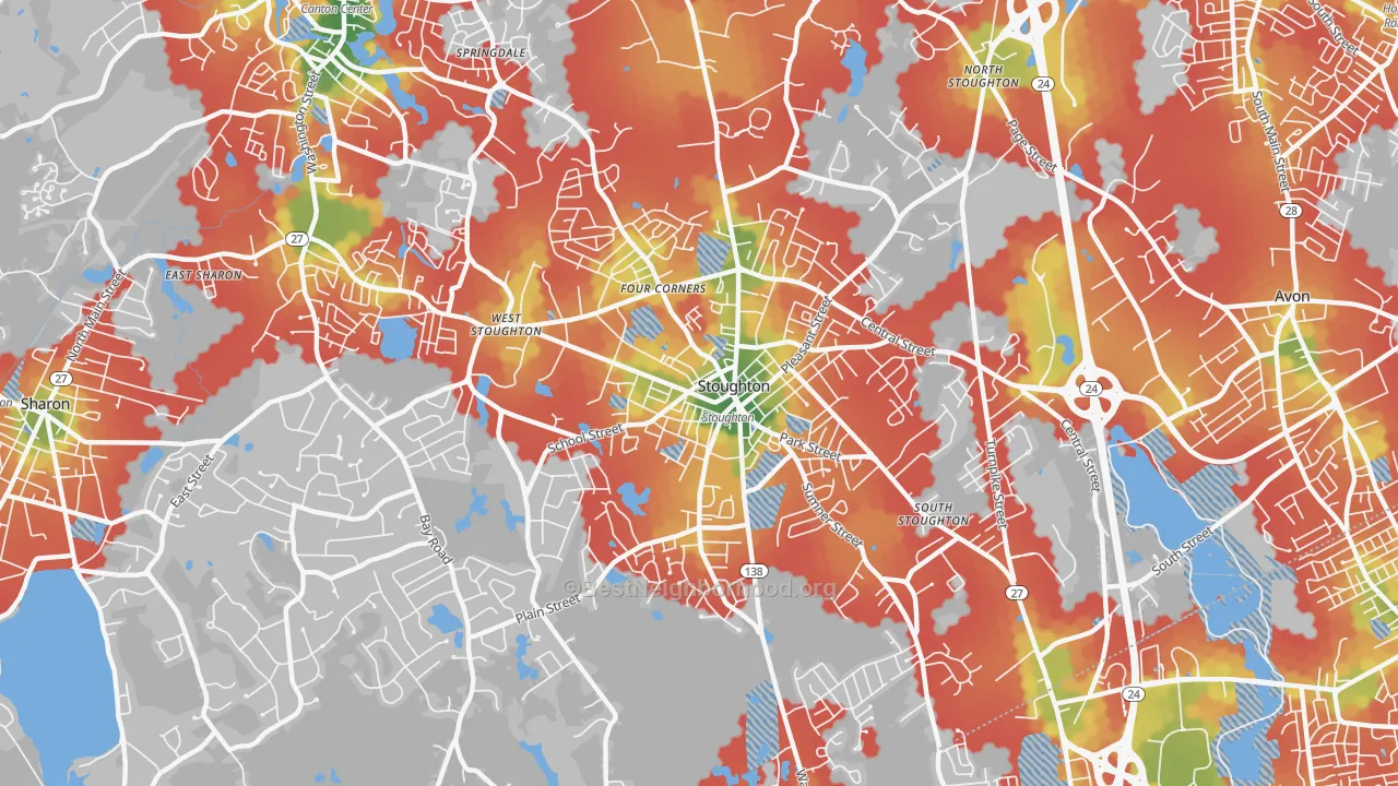 Walk Grade map of 02072, MA, walkable areas in green and car-dependent areas in red