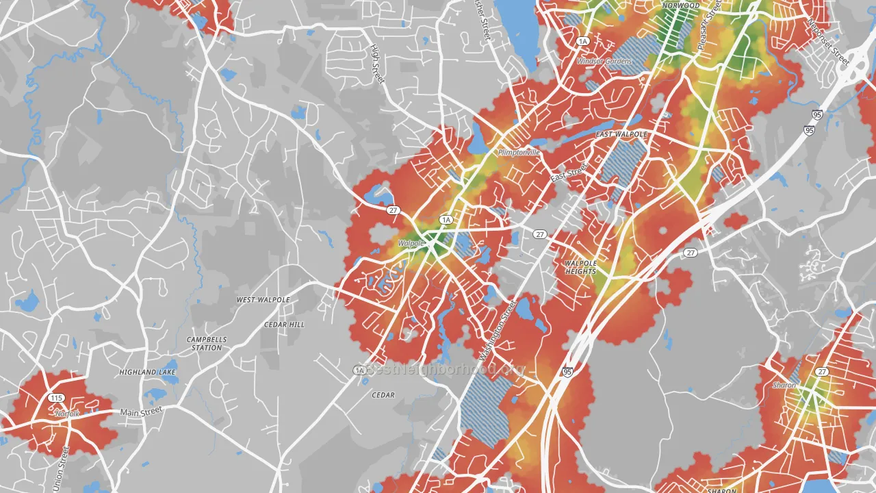 Walk Grade map of 02081, MA, walkable areas in green and car-dependent areas in red
