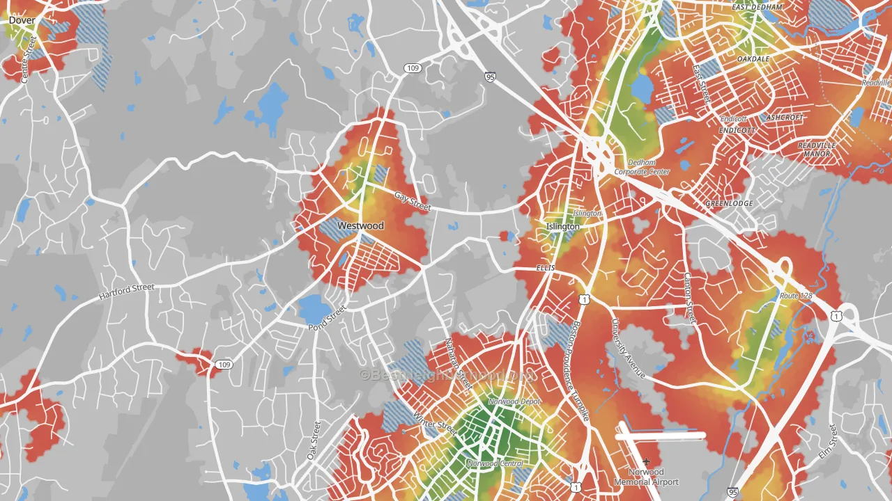 Walk Grade map of 02090, MA, walkable areas in green and car-dependent areas in red