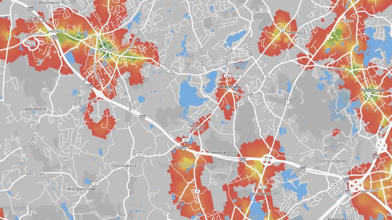 Walk Grade map of 02093, MA, walkable areas in green and car-dependent areas in red