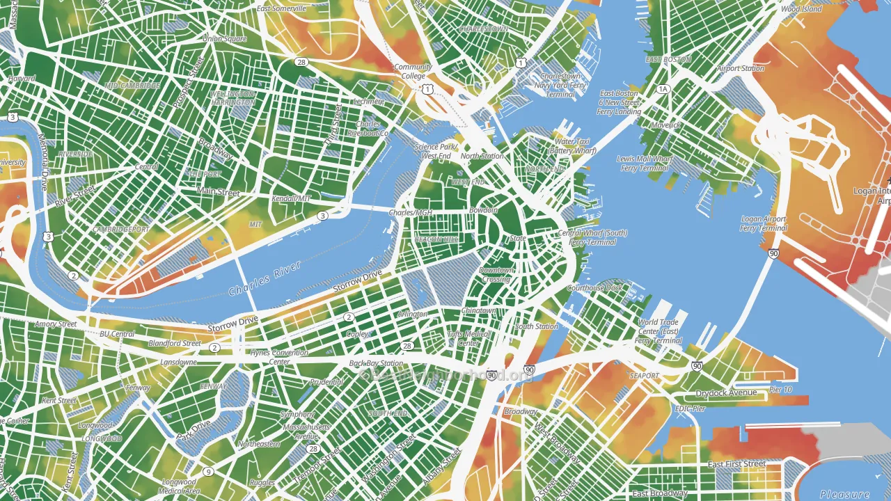 Walk Grade map of 02108, MA, walkable areas in green and car-dependent areas in red