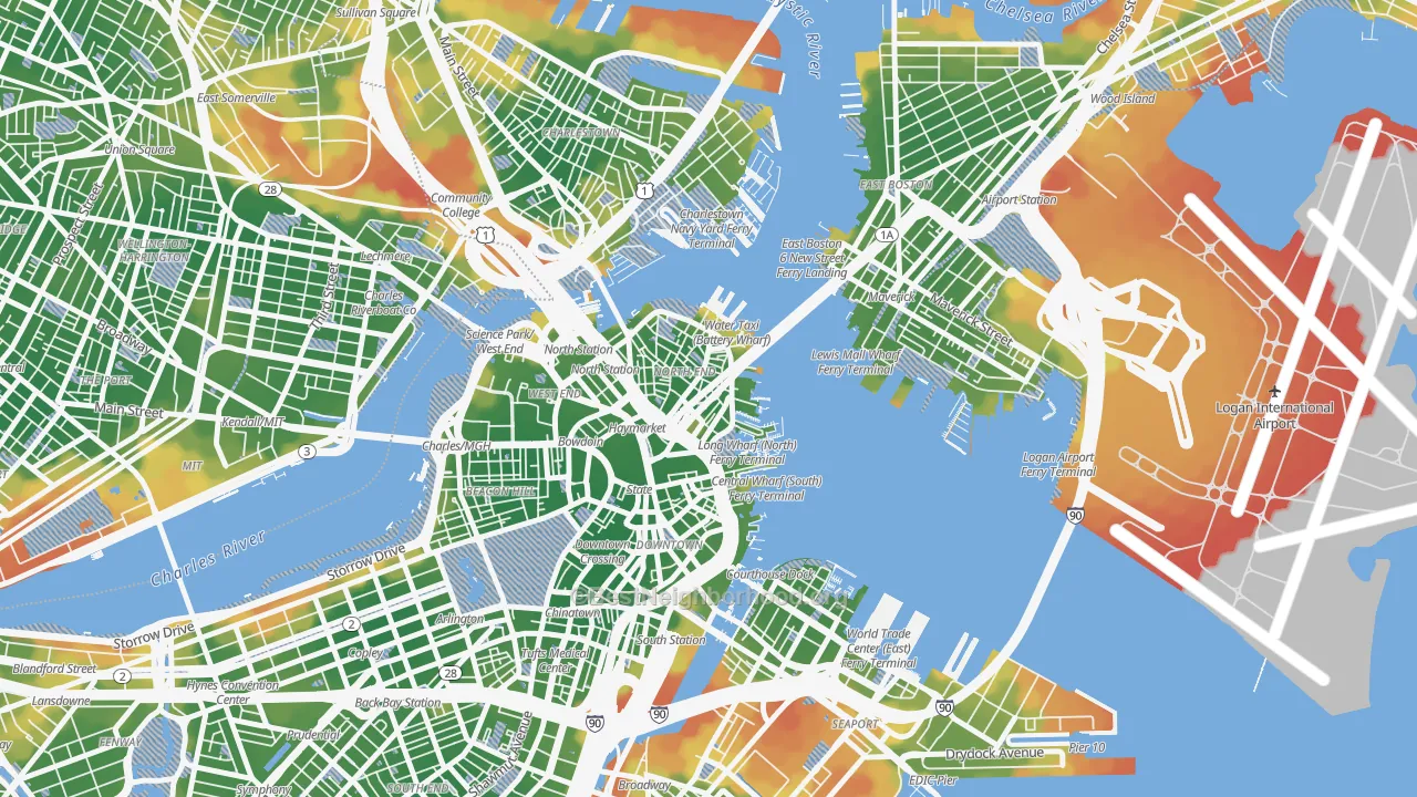 Walk Grade map of 02109, MA, walkable areas in green and car-dependent areas in red