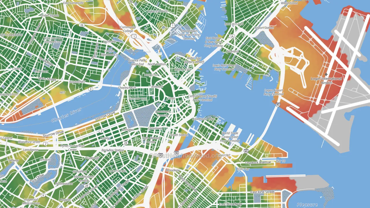 Walk Grade map of 02110, MA, walkable areas in green and car-dependent areas in red