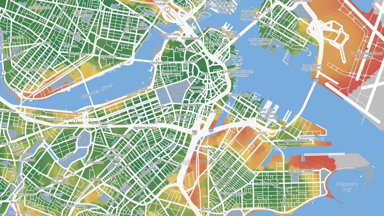 Walk Grade map of 02111, MA, walkable areas in green and car-dependent areas in red