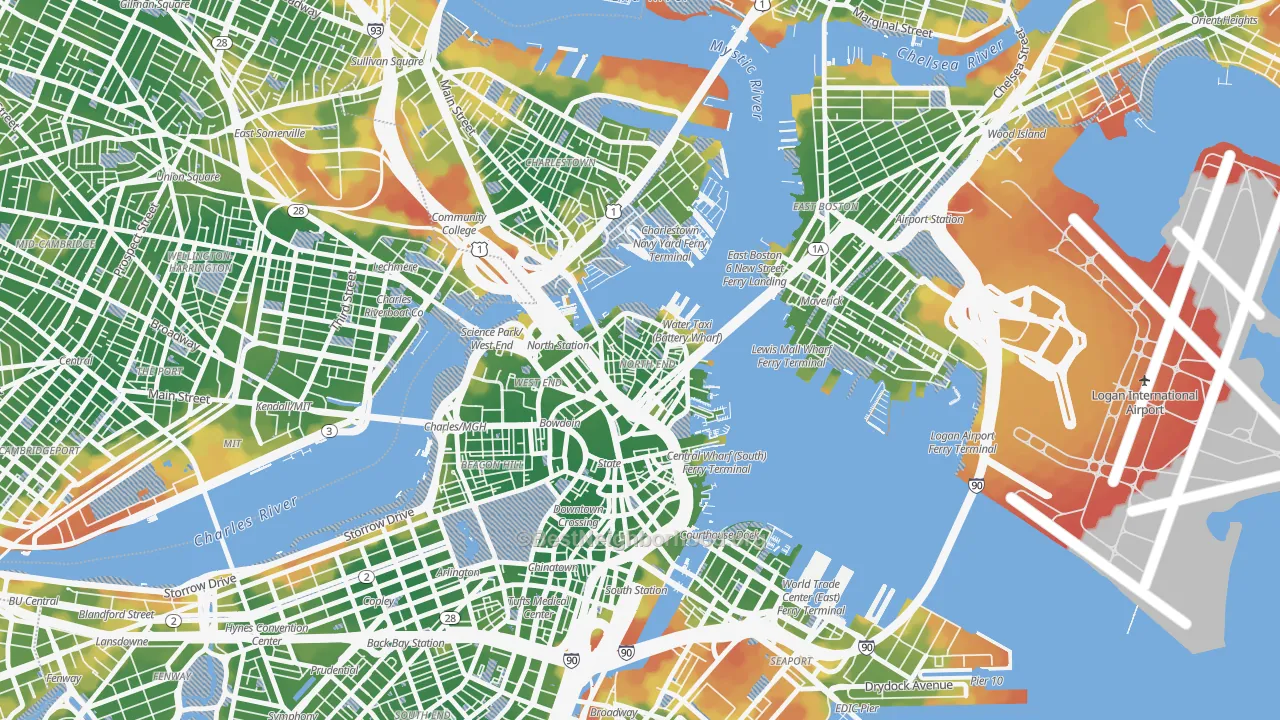 Walk Grade map of 02113, MA, walkable areas in green and car-dependent areas in red